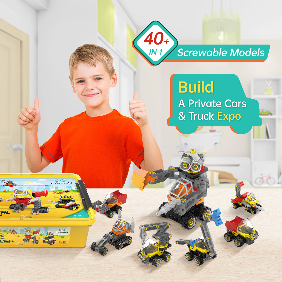 Makerzoid Screwable Big Building Blocks 40 in 1 - Mechanical Engineering Team for Kids 3+ years old, Educational Toy for Boys and Girls(MKZ-OBK-MET)